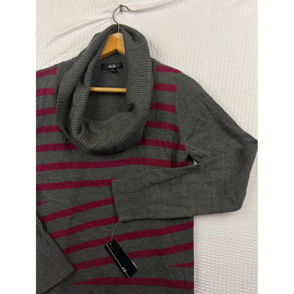AGB Womens Cowl Neck Sweater Dress Grey Burgundy Striped Long Sleeve Size L NEW